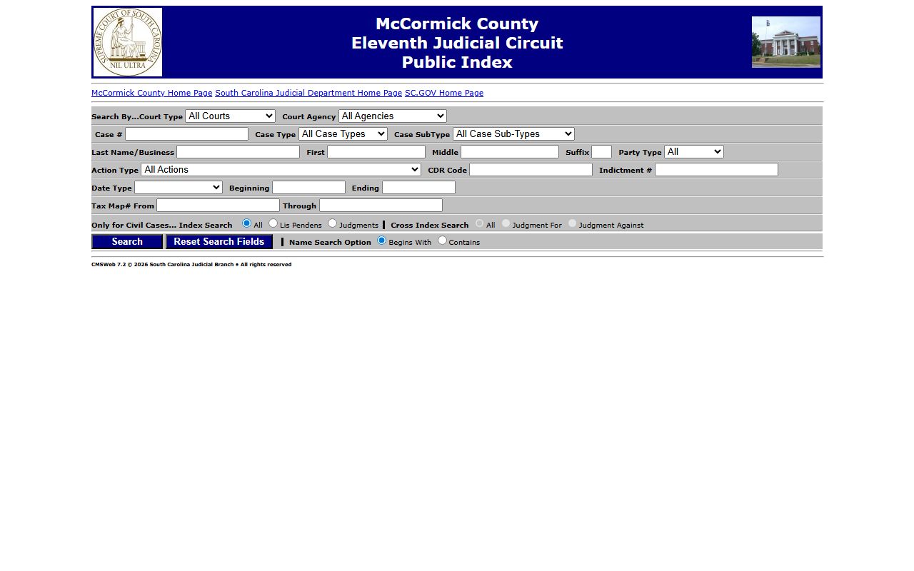 McCormick County Public Index court case search page